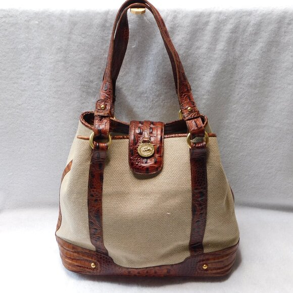 Brahmin Handbags - Brahmin Flower Bag Pecan Harbor Shoulder Bag | Canvas & Croc Leather  | VGUC